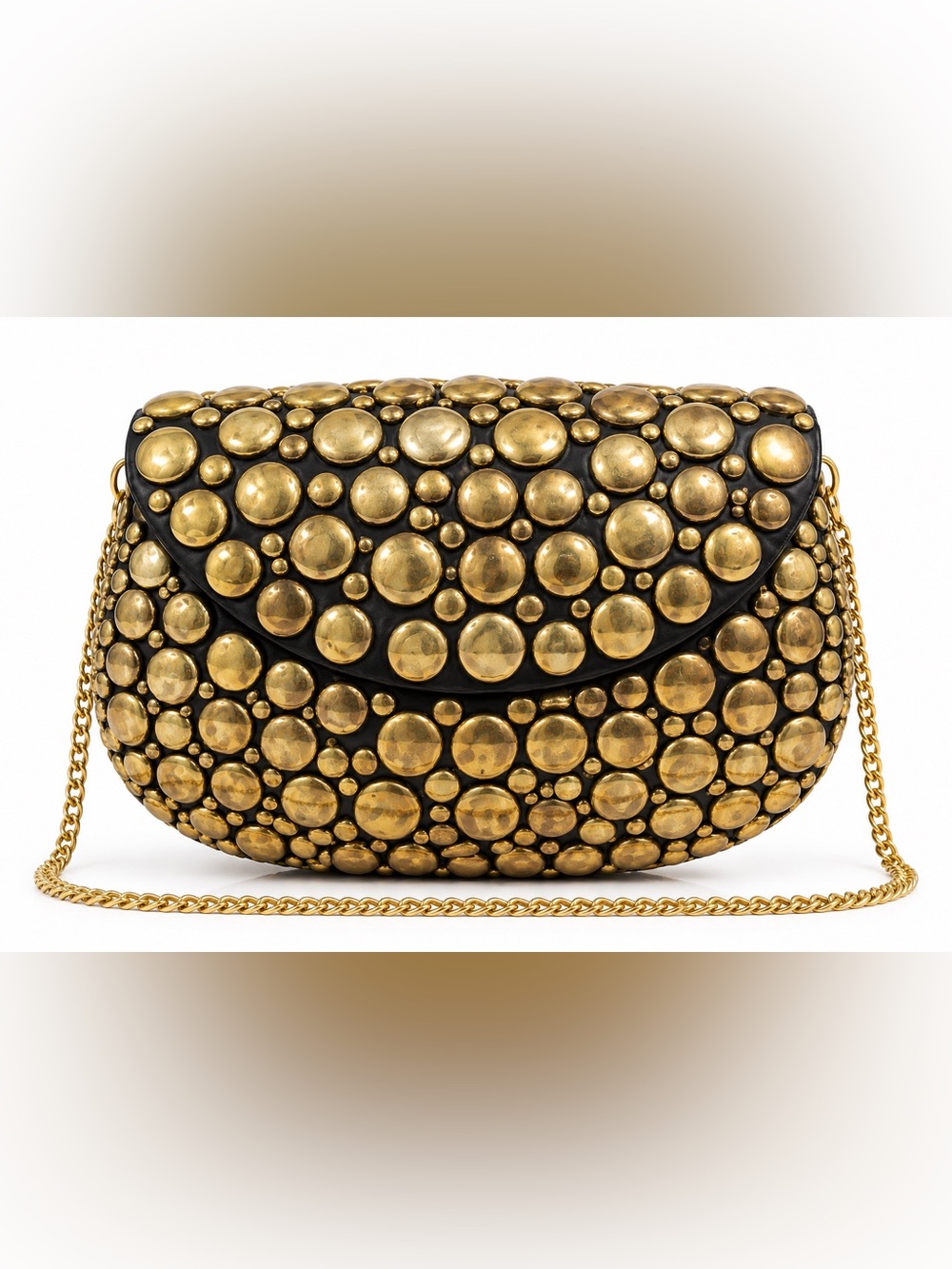 Black Leather Crossbody with Antique Gold Stud Detailing